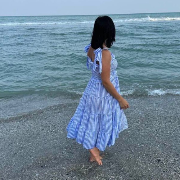 Striped Blue White Midi Dress Tie Straps Shirred Ruffle Detail - Picture 9 of 16